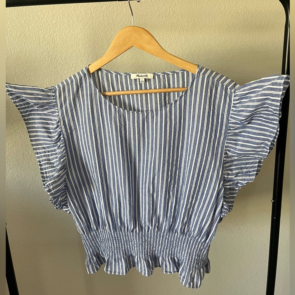 Madewell Blue and White Vertical Stripe Ruffled Flutter Sleeve Top